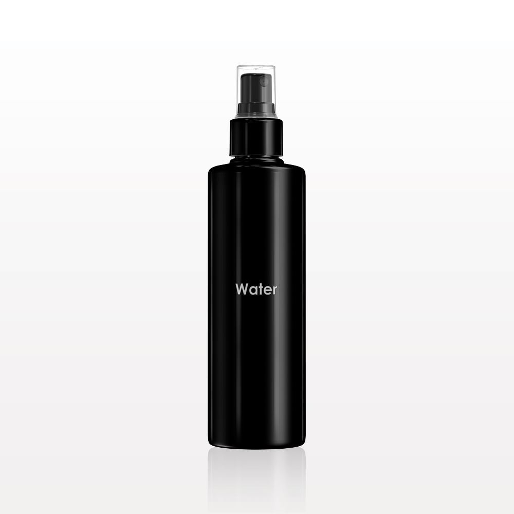 Printed Cylinder Bottle, Black with Fine Mist Sprayer and Overcap, Clear for Water