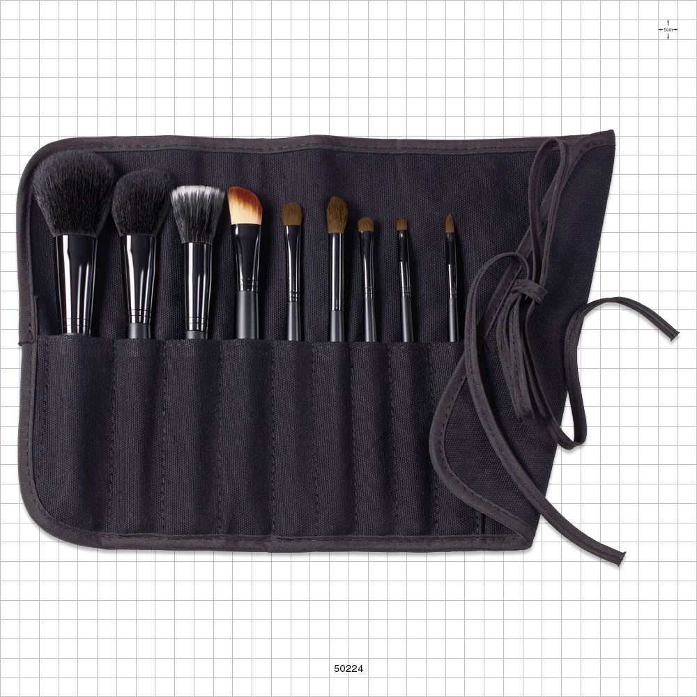 9-Piece Signature Black Brush Set with Roll & Tie Pouch, Black